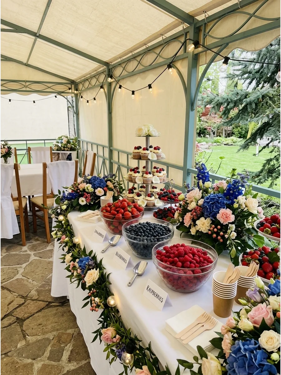 A colorful berry bar with various fruits in glass bowls on a white table.