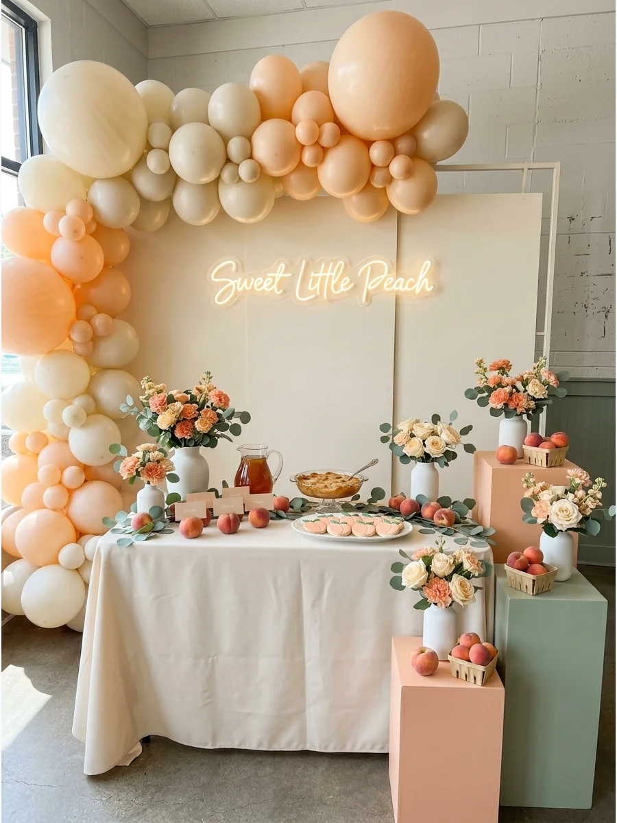 A soft peach and cream dessert table with a matching balloon arch.
