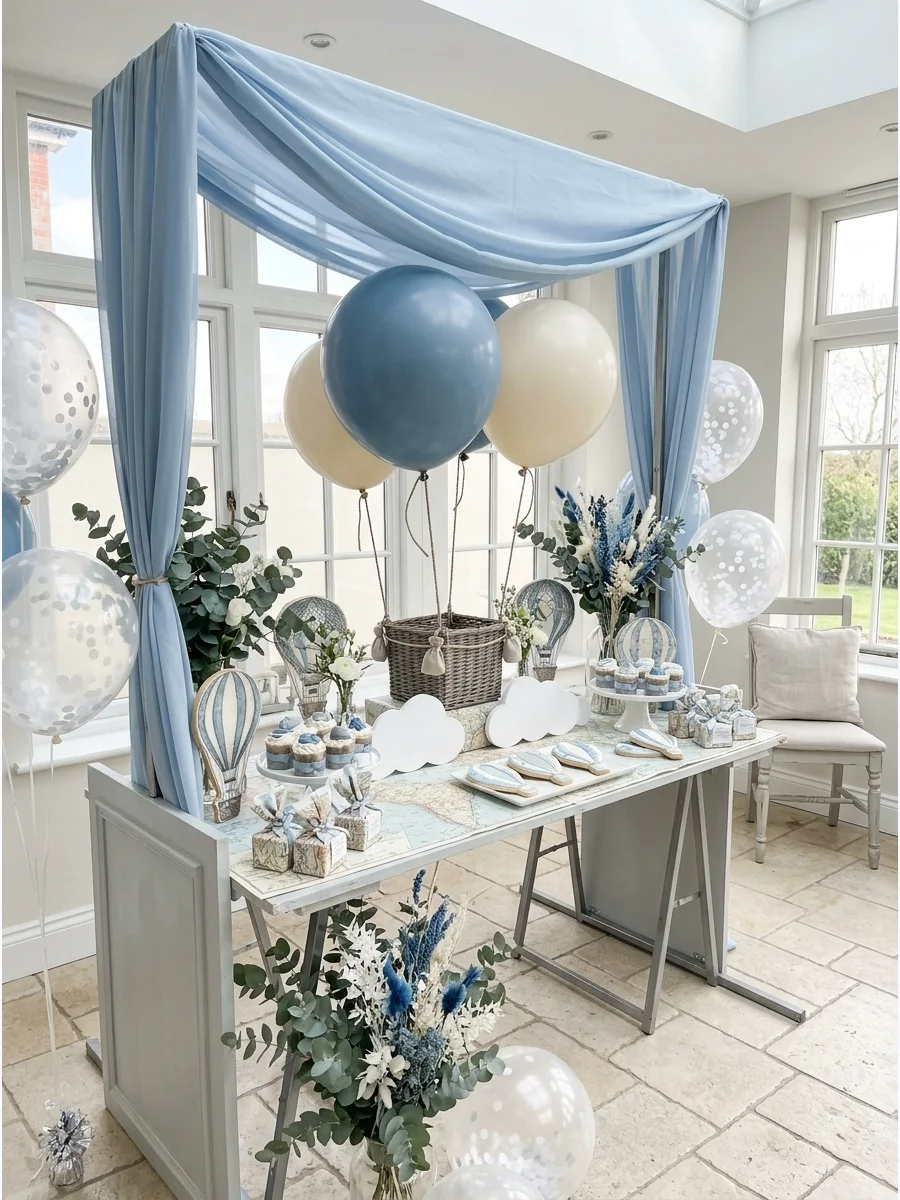 Hot-air balloon centerpieces made of wicker baskets and large balloons.