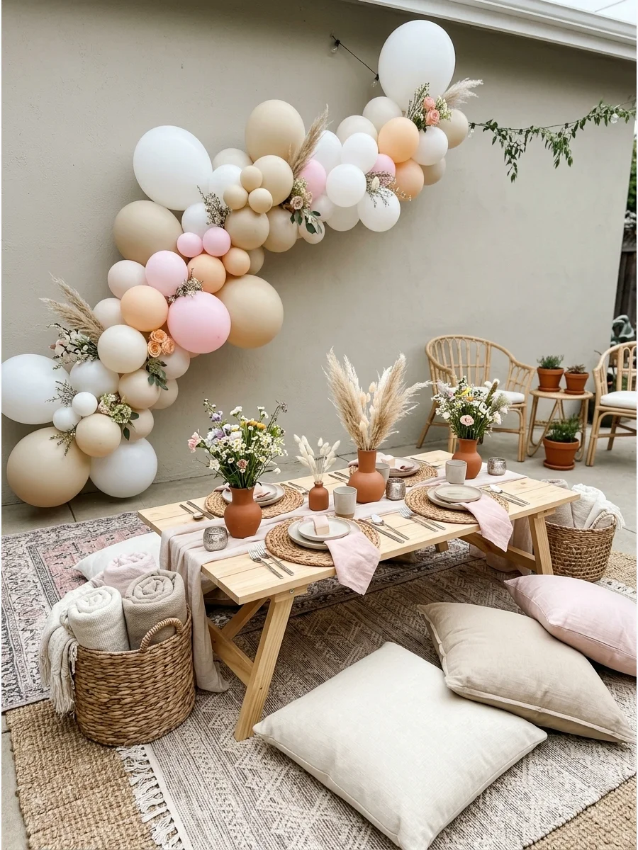 A boho-style low table with floor cushions and terracotta vases.