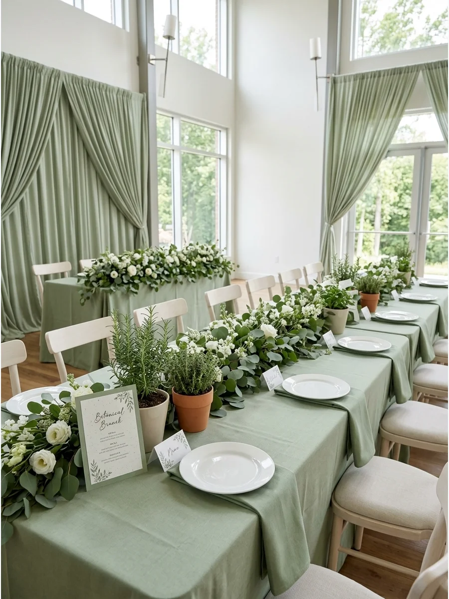 A long wooden table with a eucalyptus runner and sage green napkins.