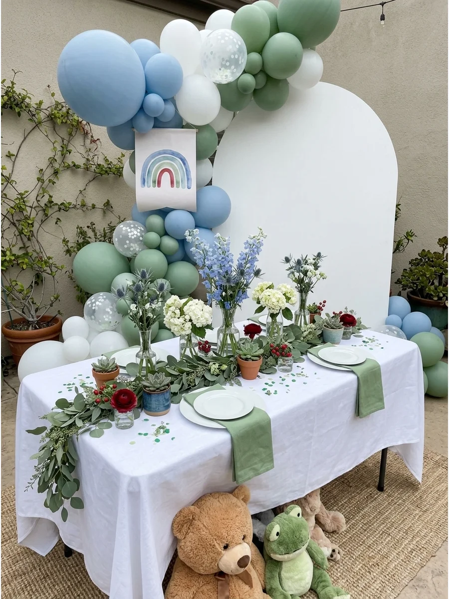 Blue flowers and green foliage in glass vases on a white tablecloth.