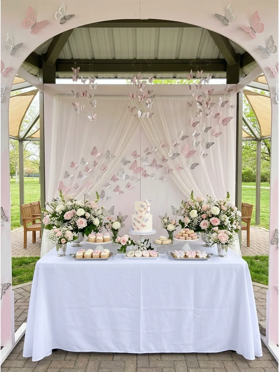 A white dessert table featuring a backdrop of delicate paper butterflies in shades of blue and purple.