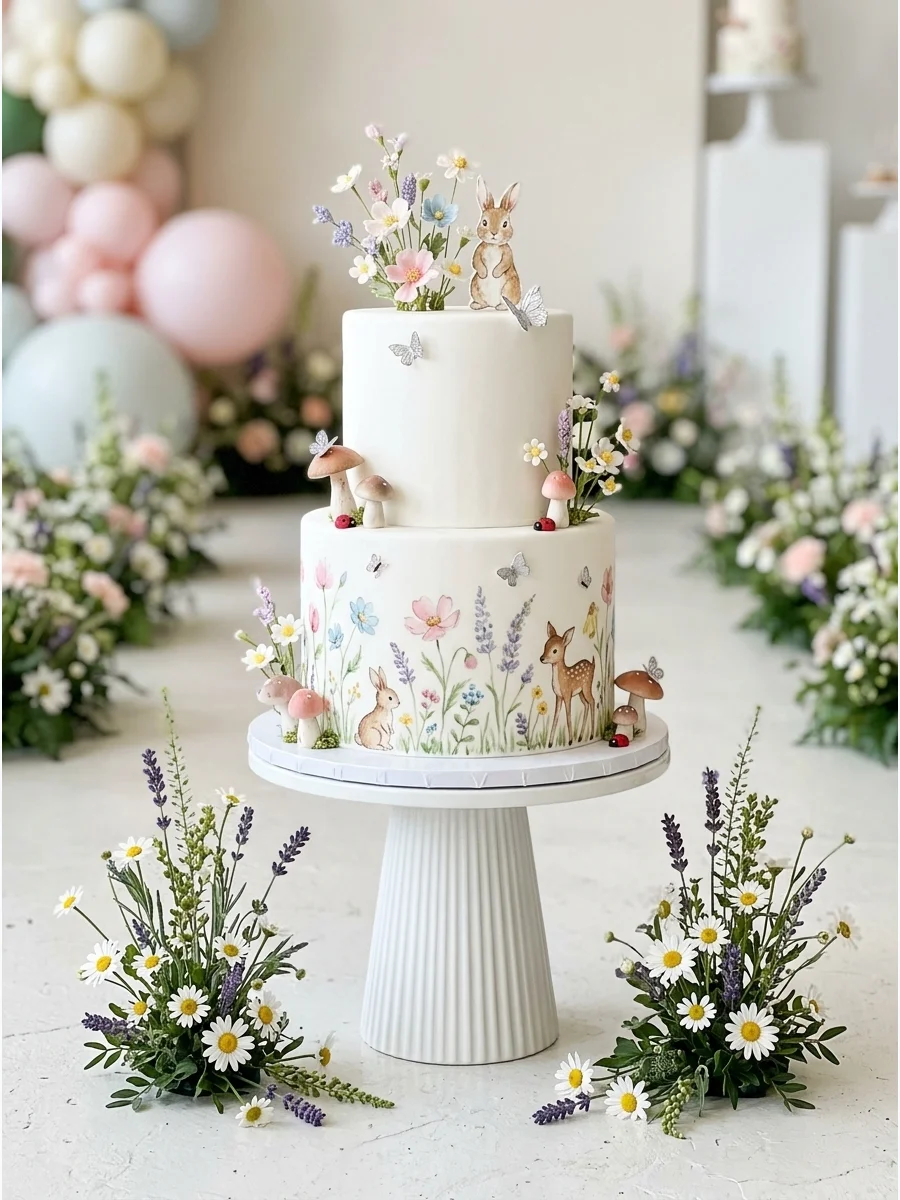 Floor-level meadow flowers creating a path in a bright event space.
