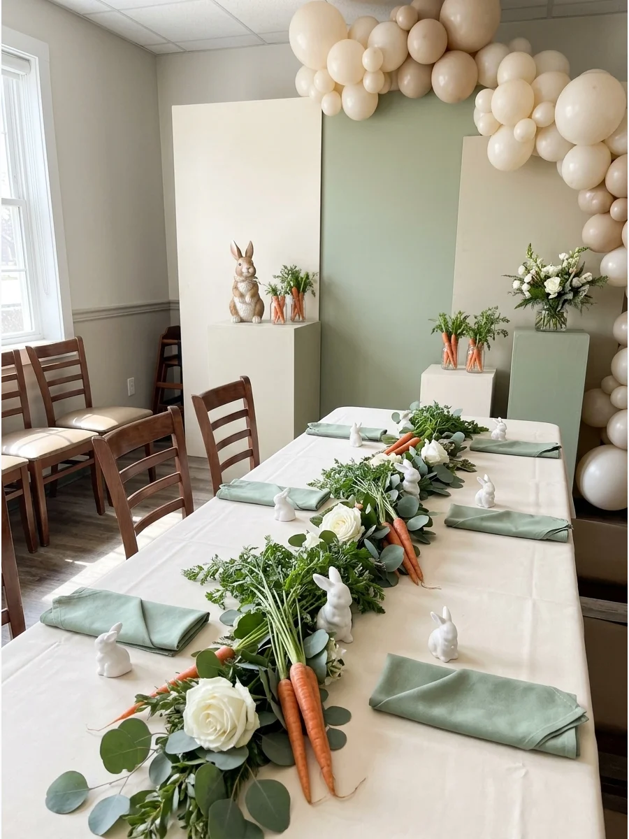 A spring table setting with neutral linens and small white rabbit figurines placed near fresh carrots.