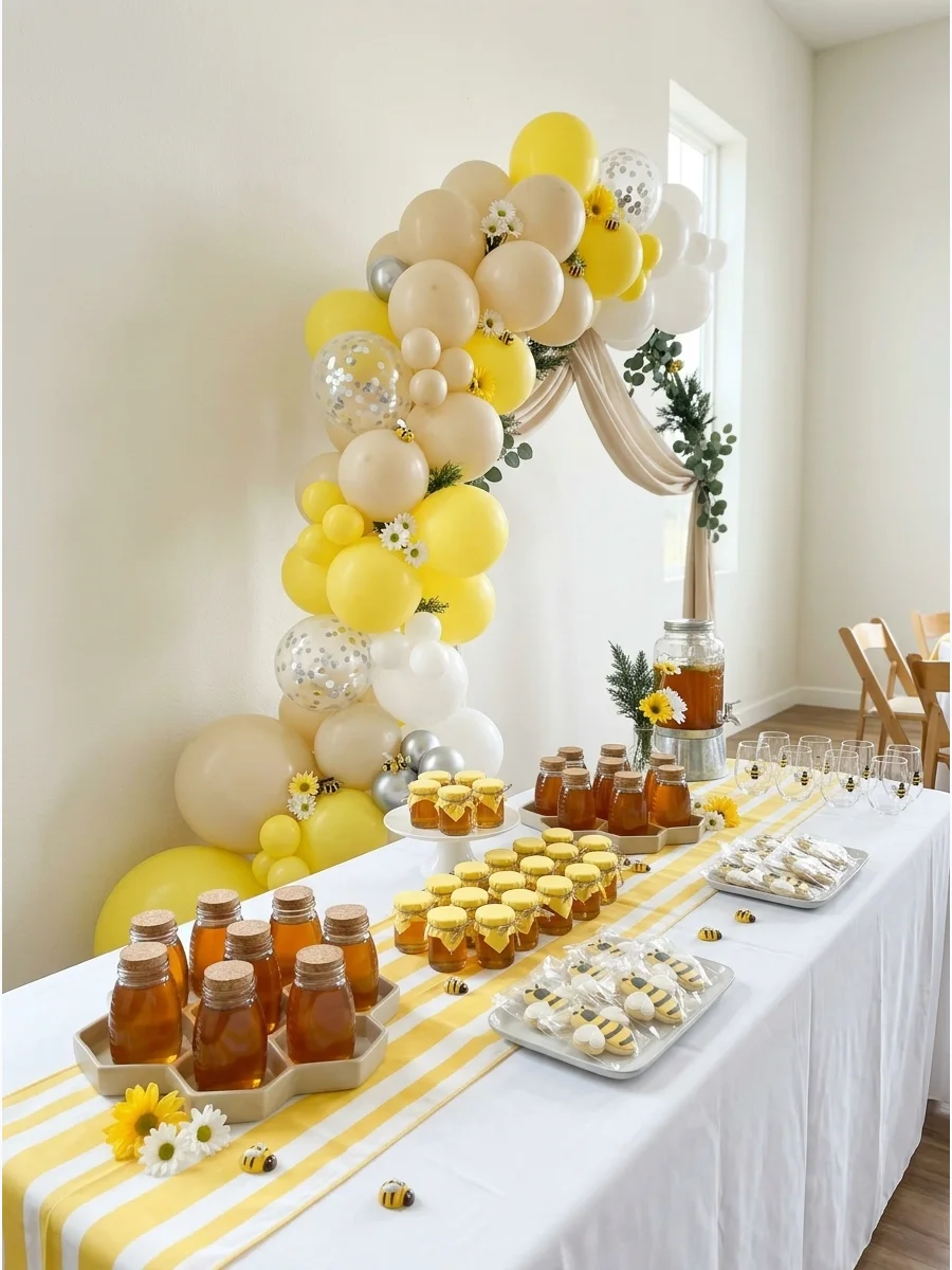A bright party table with yellow and white stripes and wooden trays shaped like honeycombs.