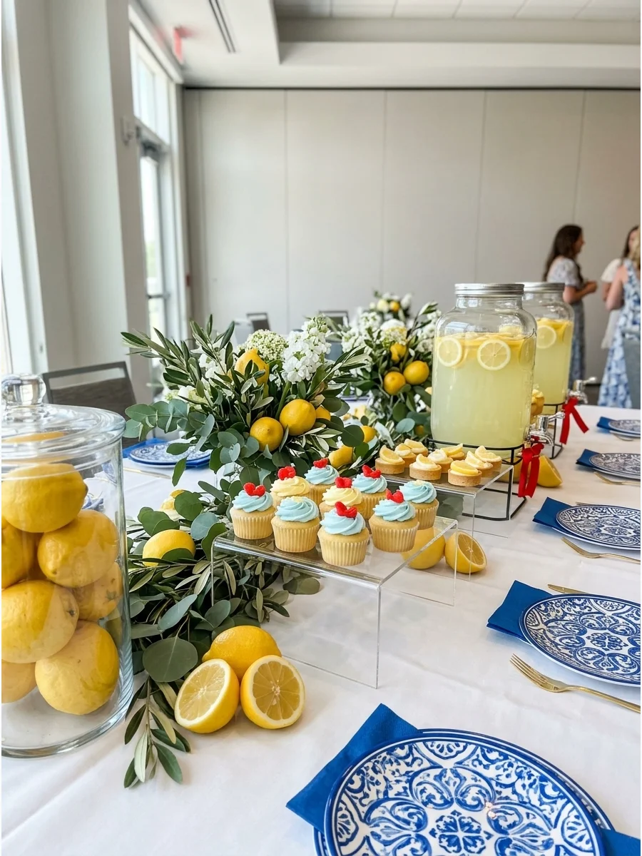A dining table featuring blue patterned ceramic plates and tall glass vases filled with whole lemons.
