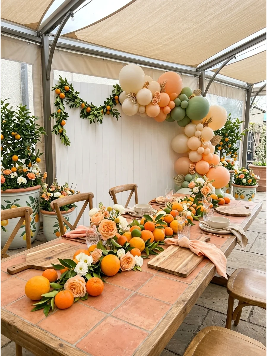 A sunny outdoor table decorated with fresh oranges and soft peach-colored flowers.