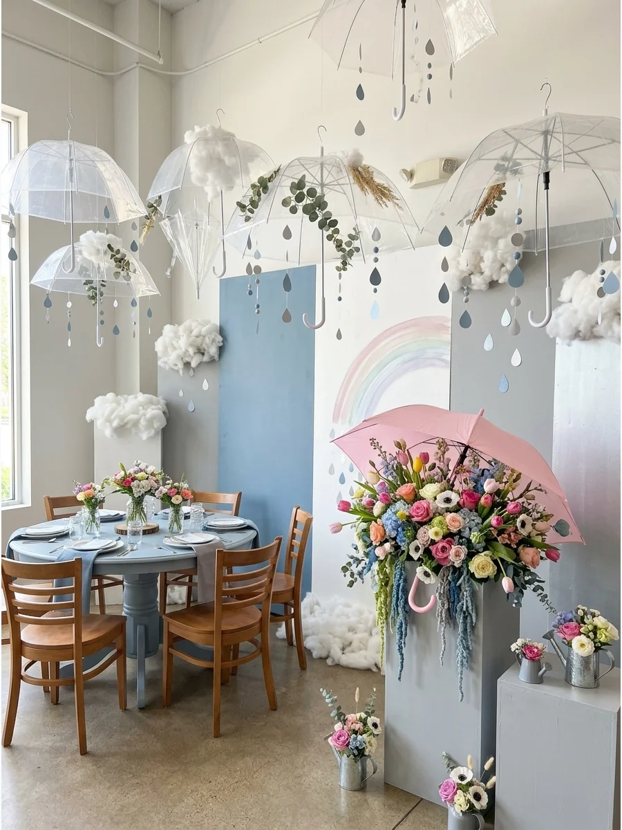 A creative indoor display with clear umbrellas hanging overhead and floral arrangements inside an open umbrella.