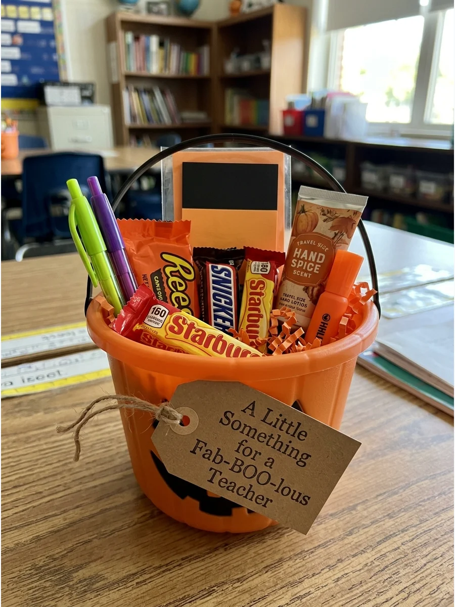 Mini Teacher Boo Basket. Fill a small Halloween bucket with candy, pens, sticky notes, hand lotion, and other inexpensive treats. Add a tag that says, “A Little Something for a Fab