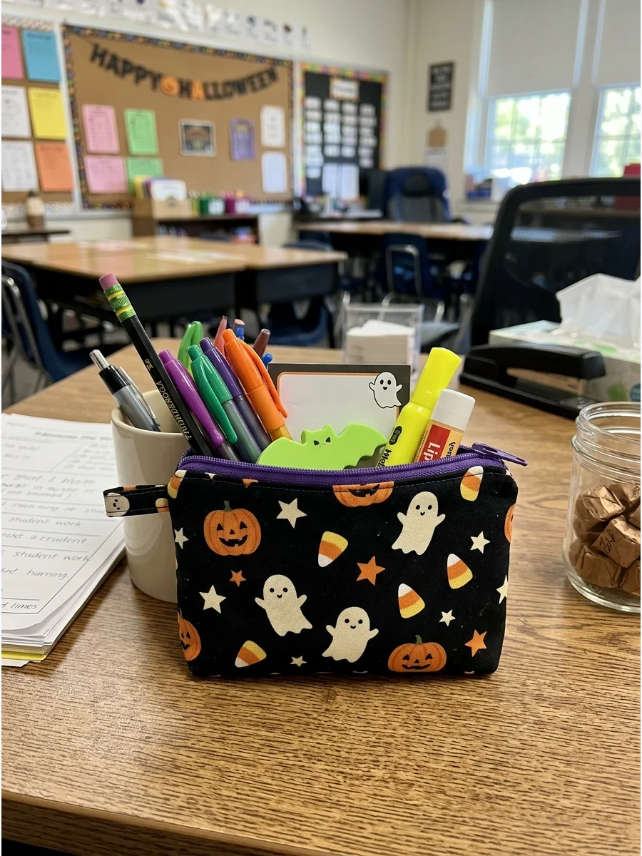 Halloween Pencil Pouch. Fill a festive pencil pouch with pens, pencils, erasers, and highlighters. The teacher can reuse the pouch for classroom supplies after Halloween. Halloween