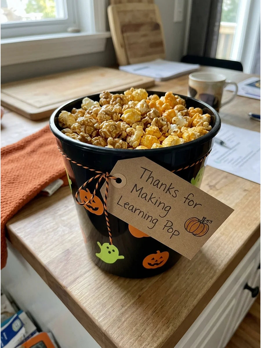 Gourmet Popcorn Gift. Place caramel, kettle, or cheddar popcorn in a Halloween container. Add a tag that says, “Thanks for Making Learning Pop.” Teacher Halloween Gifts