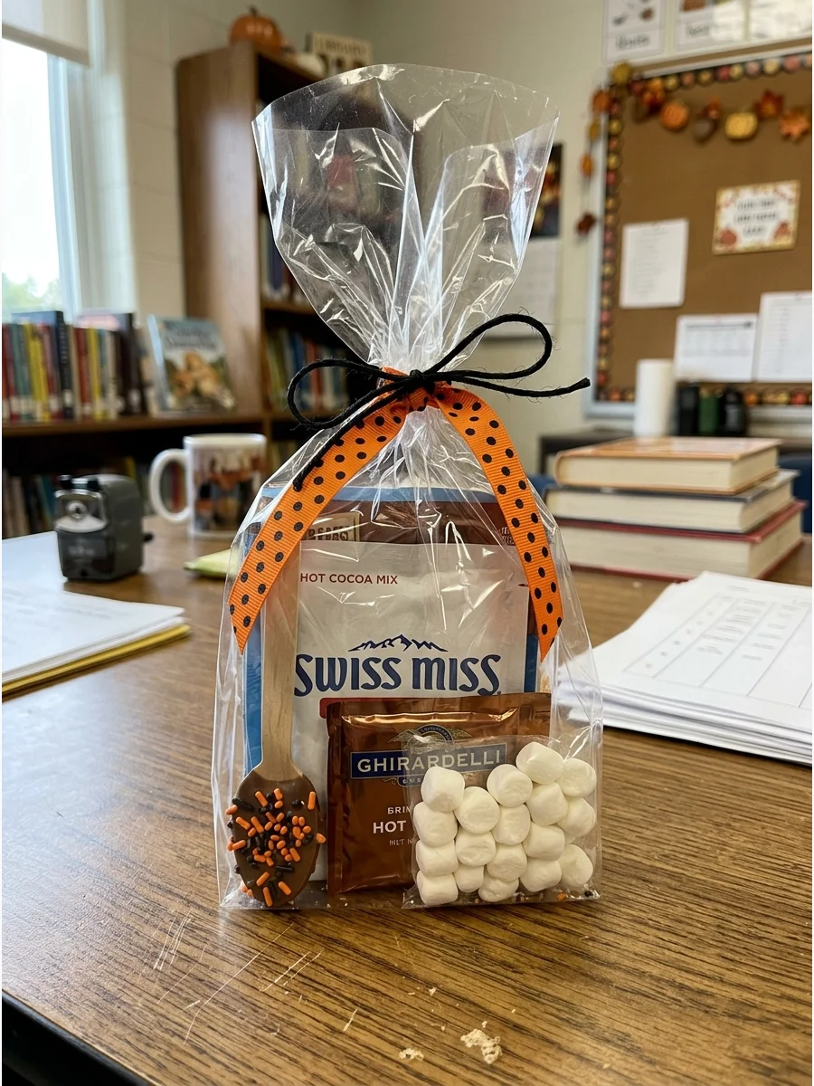 Hot Chocolate Kit. Combine hot chocolate packets, mini marshmallows, and a chocolate stirring spoon in a clear gift bag. Finish it with orange and black ribbon for a cozy seasonal