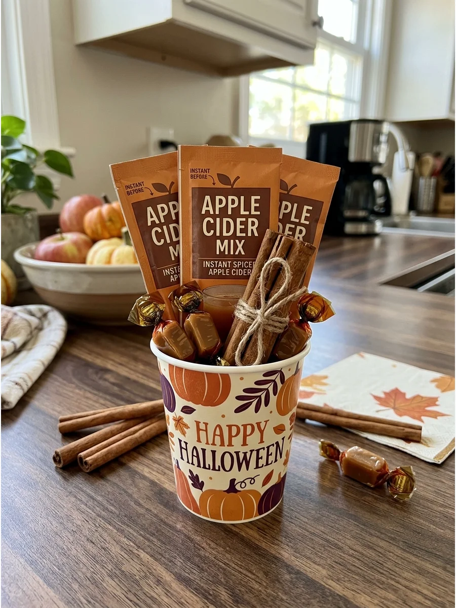 Apple Cider Gift Set. Pair instant apple cider packets with cinnamon sticks and wrapped caramel candies. Present everything inside a reusable fall-themed cup or small gift box. Tea