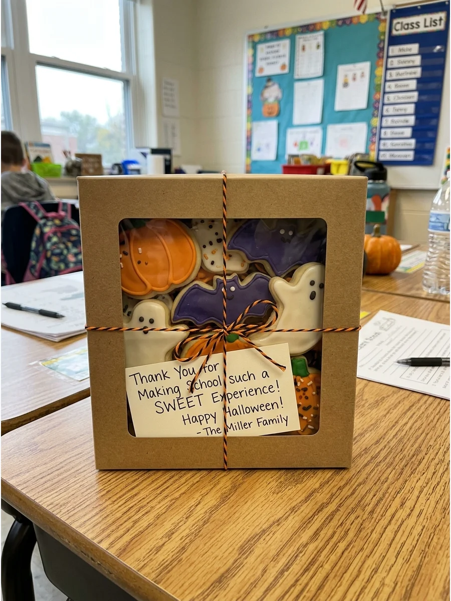 Halloween Cookie Box. Fill a bakery box with pumpkin, ghost, or bat-shaped cookies. Include a short note thanking the teacher for making school a sweet experience. Teacher Hallowee