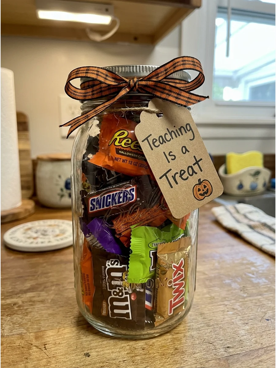Candy Jar Teacher Gift. Fill a clear jar with individually wrapped Halloween candy and decorate the lid with ribbon. A tag reading “Teaching Is a Treat” completes the gift. Teacher