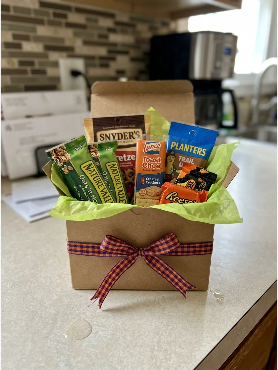 Fall Snack Box. Create a small snack box containing granola bars, pretzels, crackers, trail mix, and chocolate. Choose individually wrapped items that the teacher can keep in a des