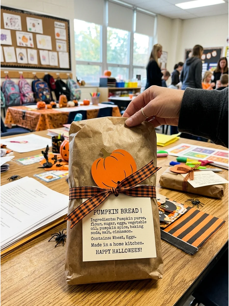 Pumpkin Bread Gift. Wrap a homemade or store-bought loaf of pumpkin bread in parchment paper and ribbon. Include an ingredient label so the teacher can check for possible allergens