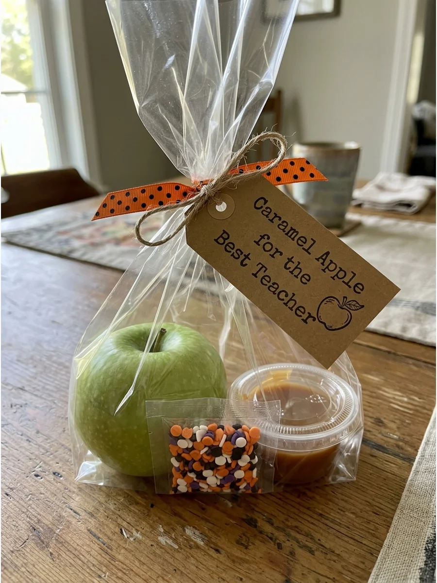 Caramel Apple Gift Kit. Package an apple with a small container of caramel dip and festive sprinkles. Place everything inside a clear bag with a “Caramel Apple for the Best Teacher