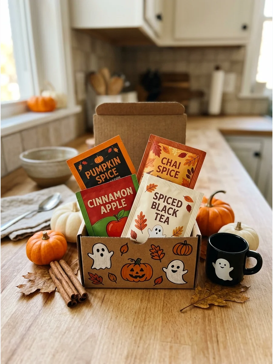 Halloween Tea Collection. Choose several individually wrapped fall teas, such as cinnamon, chai, apple, or pumpkin spice. Arrange them inside a small box decorated with leaves and
