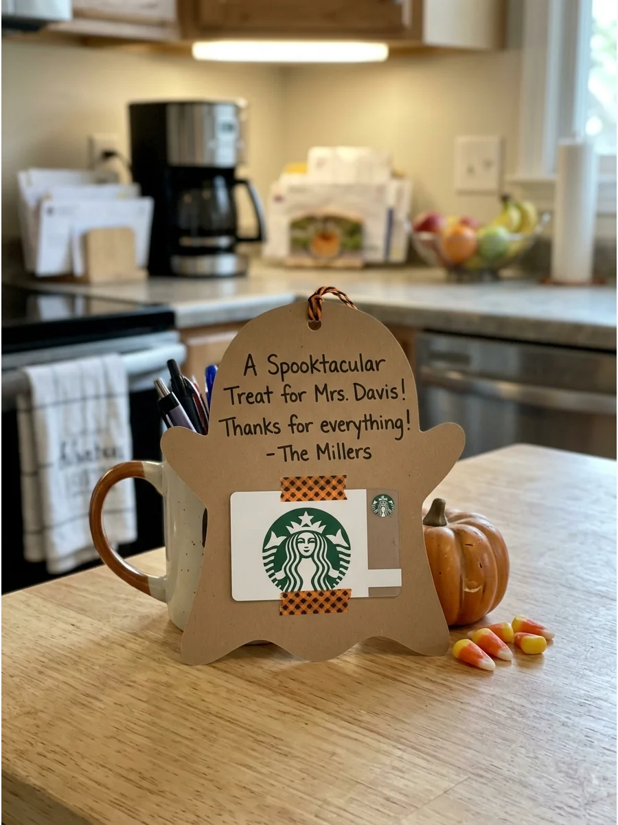 Halloween Coffee Gift Card. Attach a coffee-shop gift card to a printable ghost, pumpkin, or coffee-cup card. Even a small gift-card amount can make this a practical and appreciate