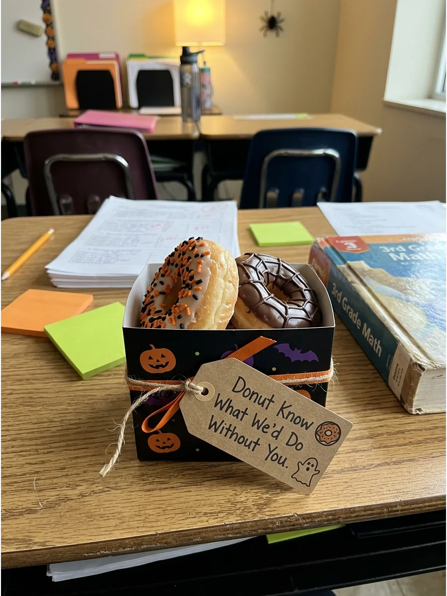 Donut Gift Box. Place one or two bakery donuts in a small Halloween box. Add a tag that says, “Donut Know What We’d Do Without You.” Practical Halloween Gifts for Teachers Teacher