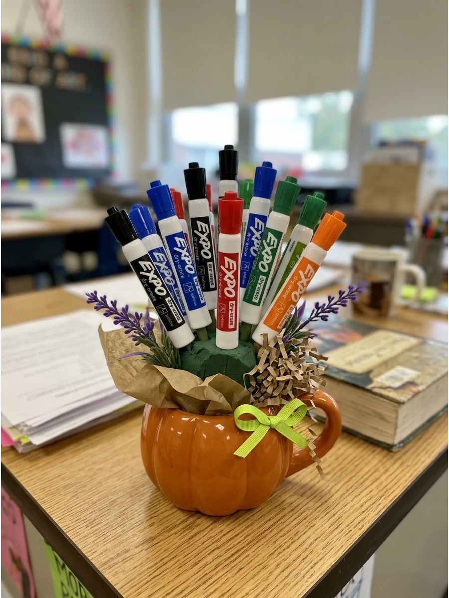 Dry-Erase Marker Bouquet. Arrange new dry-erase markers inside a small pumpkin container like a bouquet. This combines a useful classroom supply with festive Halloween presentation