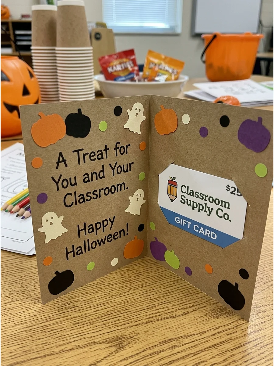 Classroom Supply Gift Card. Give a gift card for a general retailer, bookstore, or school-supply store. Place it inside a Halloween card that says, “A Treat for You and Your Classr