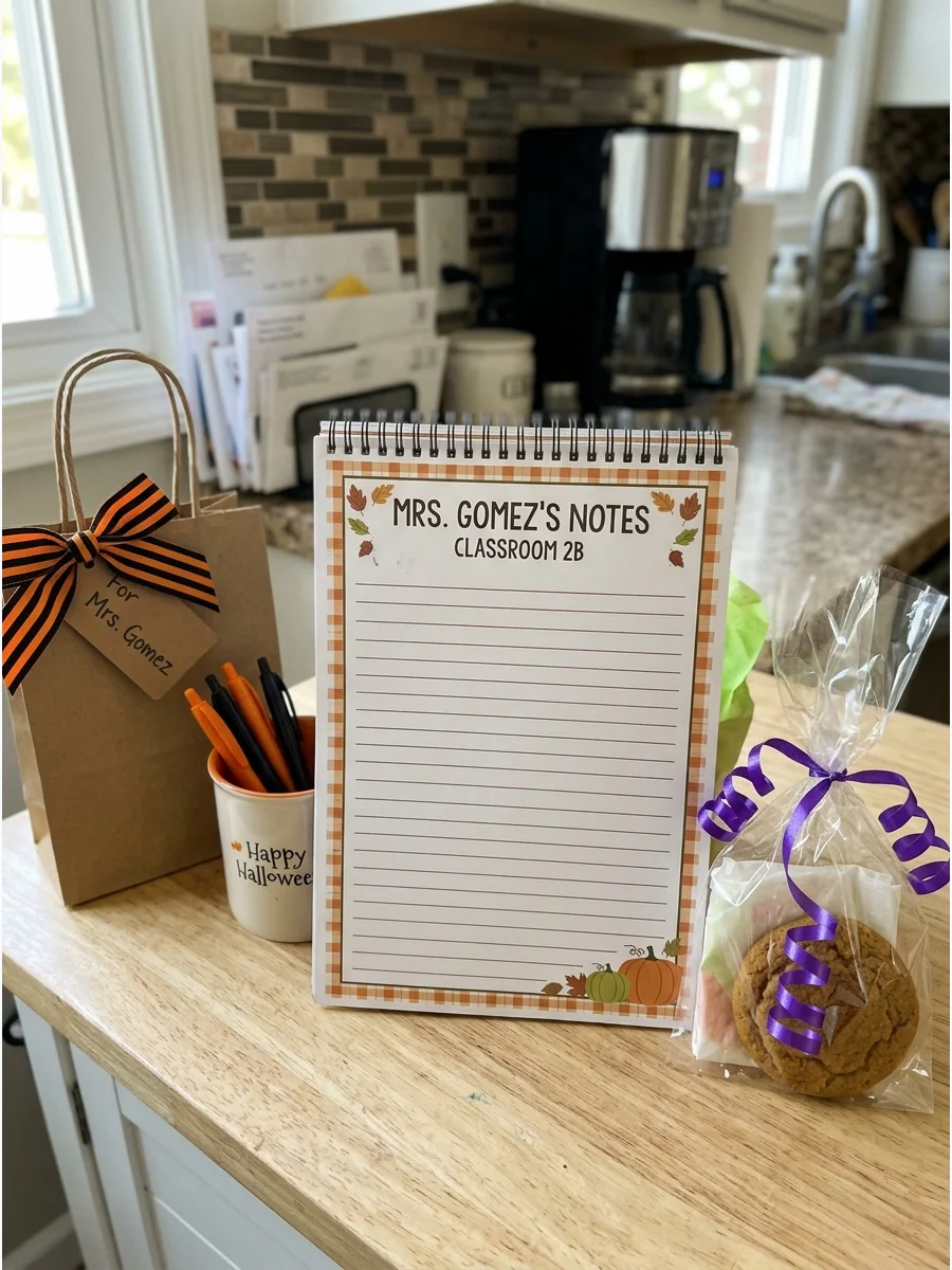 Personalized Teacher Notepad. Order a notepad printed with the teacher’s name or classroom number. Choose a subtle pumpkin, ghost, plaid, or fall-leaf border that can be used throu