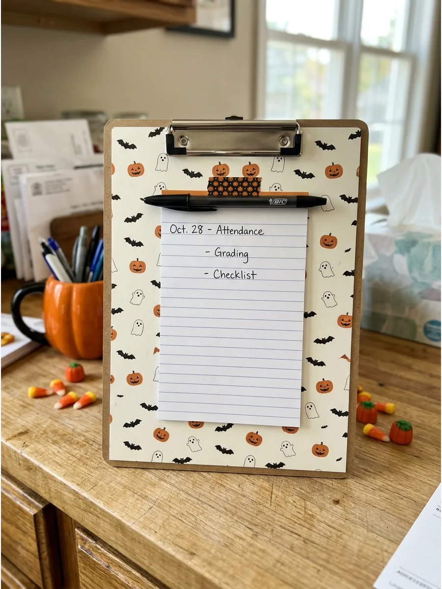 Halloween Clipboard. Decorate or purchase a clipboard featuring a simple Halloween pattern. Pair it with a good pen so the teacher can use it for attendance, grading, or classroom