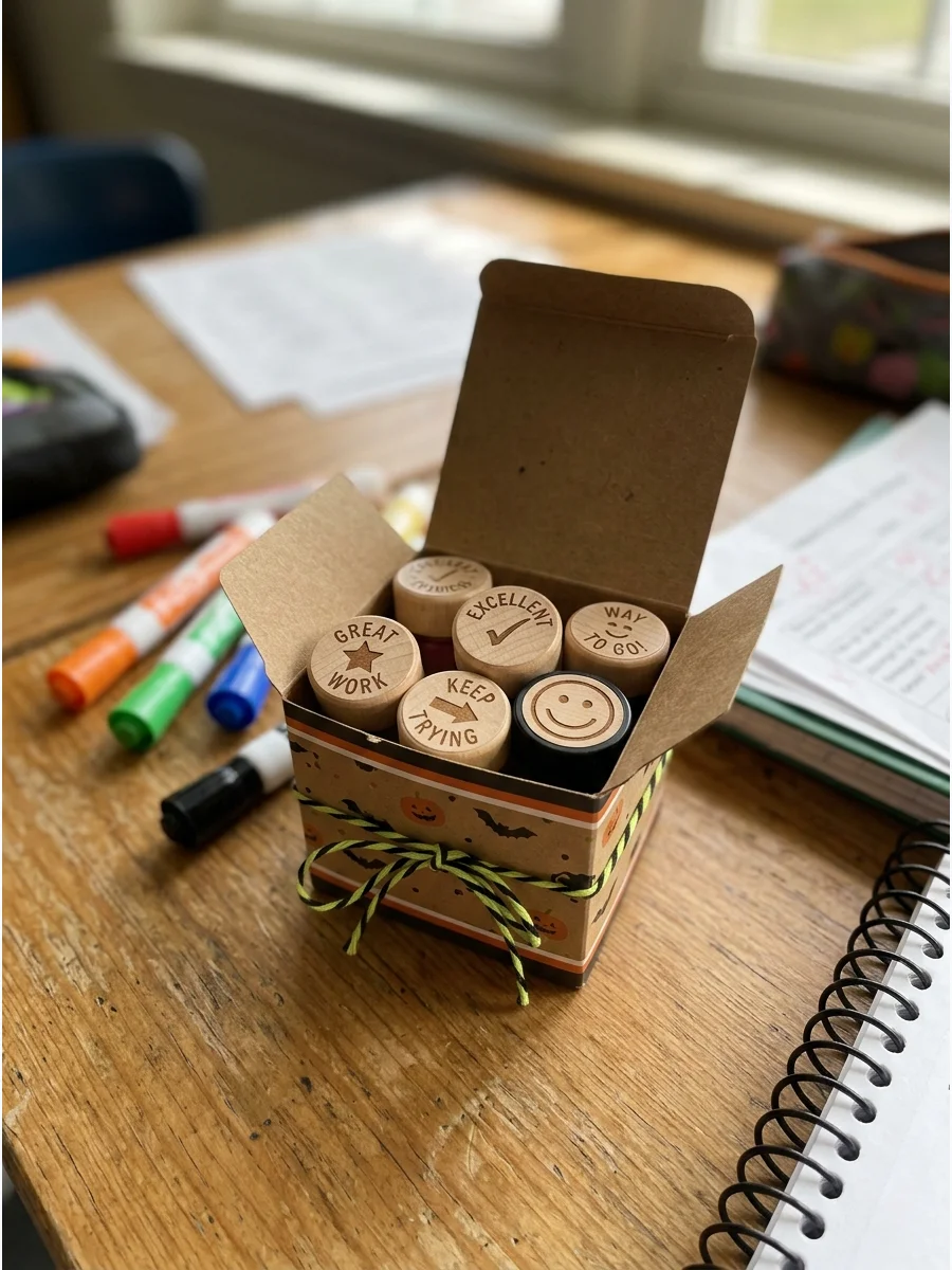 Teacher Stamp Set. Choose useful grading stamps with encouraging messages such as “Great Work,” “Excellent,” or “Keep Trying.” Package them in a small Halloween box for a practical