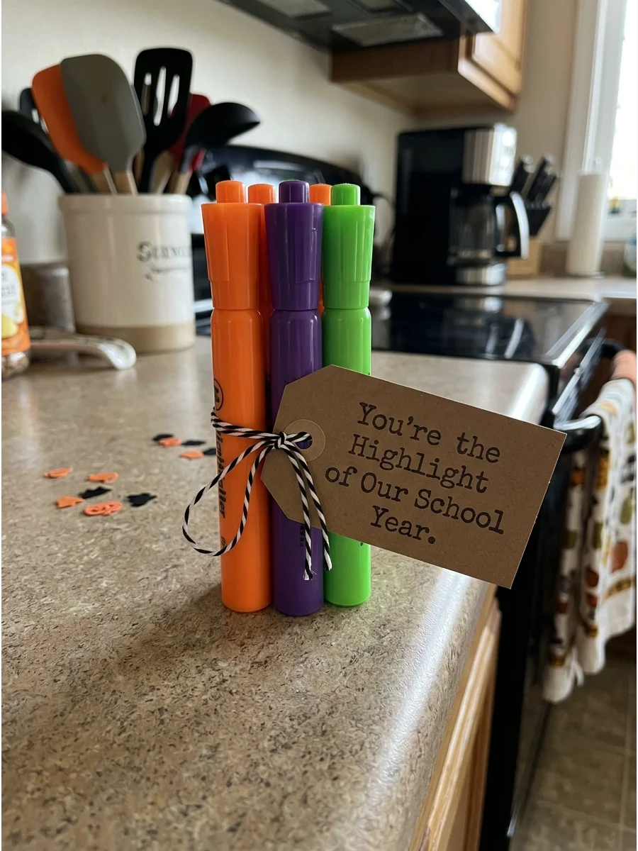 Colorful Highlighter Set. Bundle several highlighters in fall-inspired colors. Add a tag that says, “You’re the Highlight of Our School Year.” Teacher Halloween Gifts
