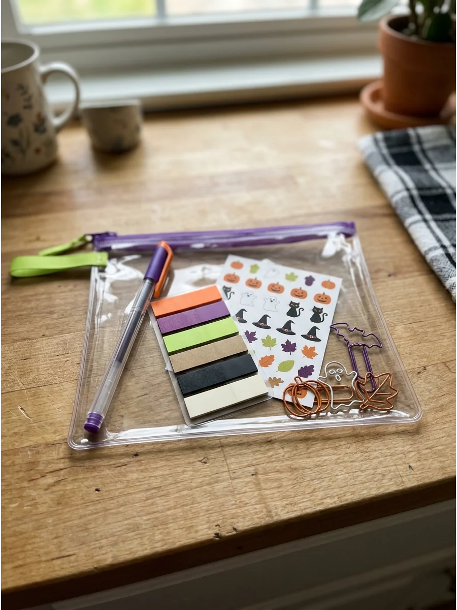 Teacher Planner Accessories. Create a mini planner kit with page flags, stickers, paper clips, and a fine-tip pen. Place everything inside a Halloween envelope or reusable zippered