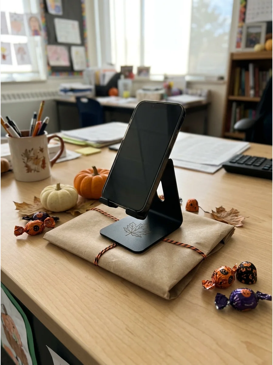 Desk Phone Stand. Give the teacher a compact phone stand for their desk. Choose a neutral design or a subtle fall color so it remains useful after Halloween. Teacher Halloween Gift
