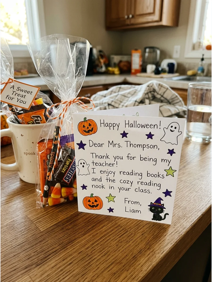 Handwritten Appreciation Card. Ask your child to write a short message explaining what they enjoy about their teacher’s class. Decorate the card with friendly ghosts, pumpkins, sta