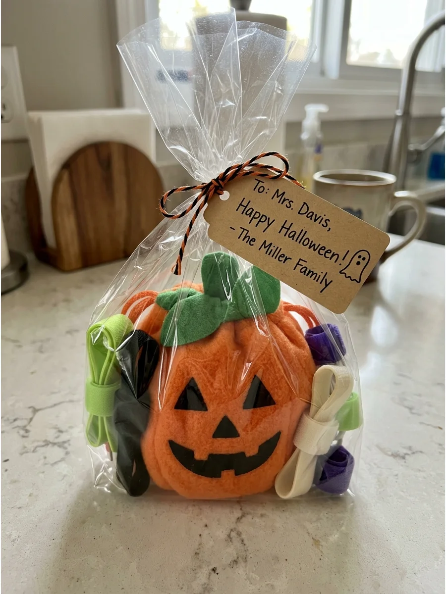 Cord Organizer Set. Package several reusable cord organizers in a small pumpkin pouch. Teachers can use them to organize chargers, headphones, and classroom technology cables. Pers