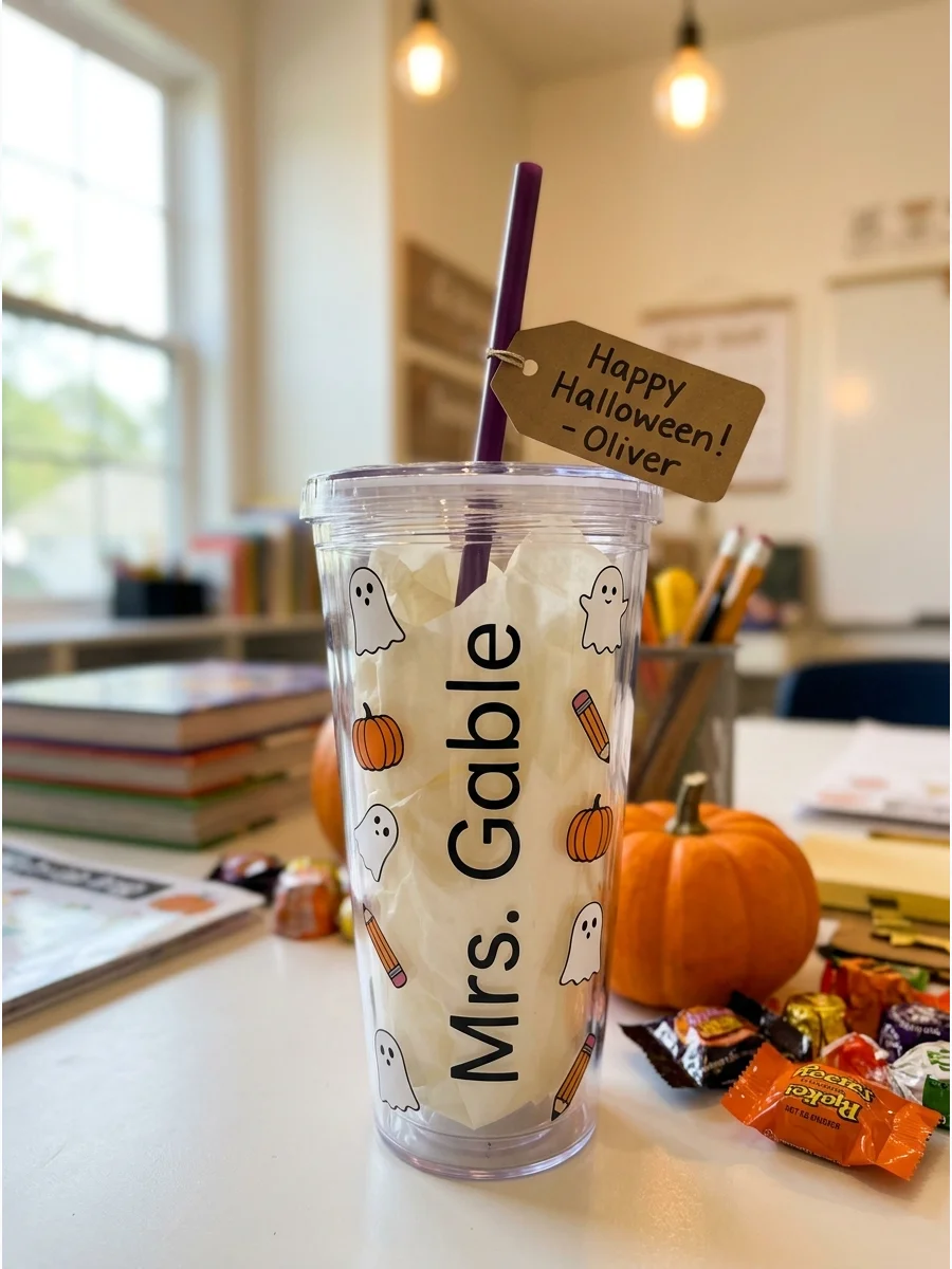 Personalized Halloween Tumbler. Choose a reusable tumbler decorated with small ghosts, pumpkins, or pencils and add the teacher’s name. Avoid overly large wording so the cup remain