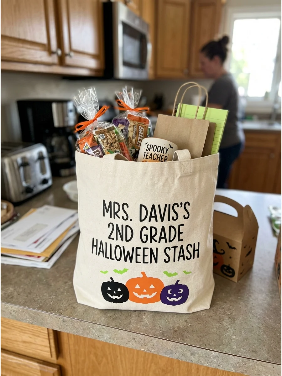 Custom Teacher Tote Bag. Personalize a canvas tote with the teacher’s name, grade, or classroom. A subtle Halloween design can make it seasonal without limiting its usefulness. Tea