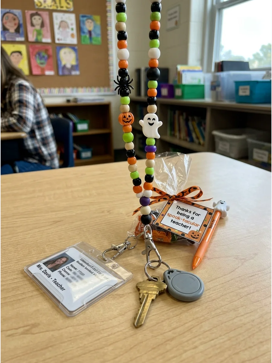 Halloween Teacher Lanyard. Choose a lightweight lanyard featuring beads, pumpkins, ghosts, or school colors. Make sure it includes a secure clip for an identification card or class