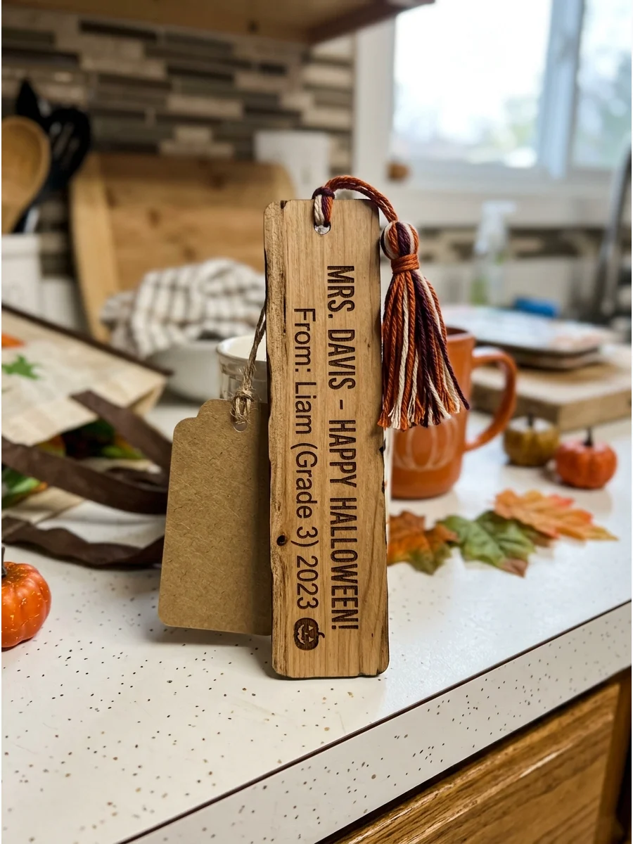 Engraved Wooden Bookmark. Personalize a wooden bookmark with the teacher’s name and a short message from the student. Add a fall-colored tassel to make it feel seasonal. Teacher Ha
