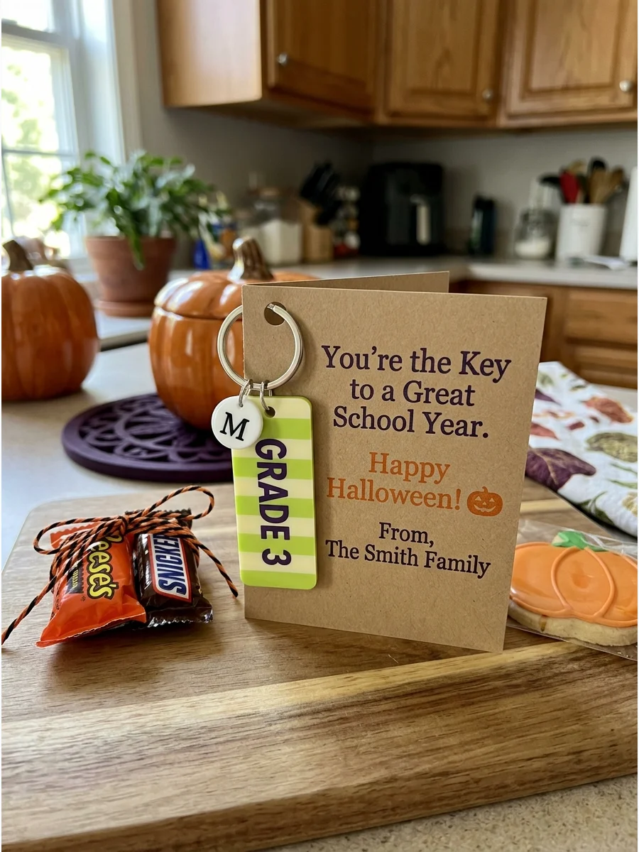 Custom Teacher Keychain. Choose a keychain featuring the teacher’s initial, name, or grade level. Package it on a Halloween card with a message such as, “You’re the Key to a Great