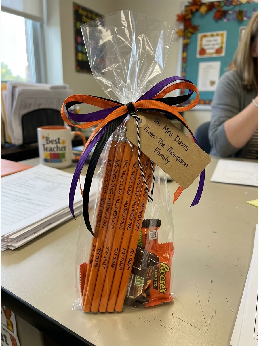 Personalized Pencil Set. Order pencils printed with the teacher’s name, classroom, or a short encouraging phrase. Present them in a clear bag tied with orange, purple, and black ri