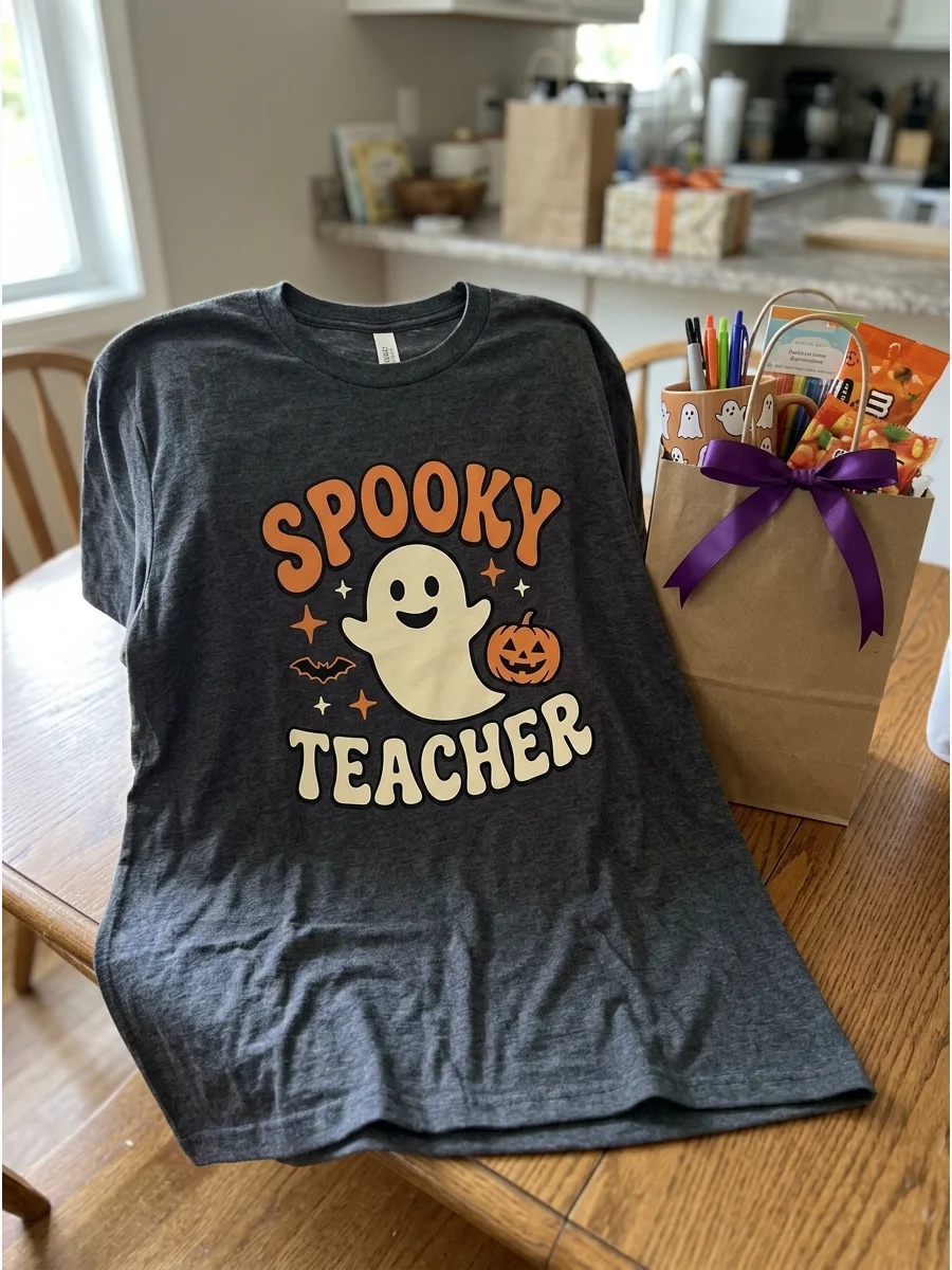Halloween Teacher Shirt. Choose a comfortable shirt featuring a subtle ghost, pumpkin, or “Spooky Teacher” design. Confirm the teacher’s size before purchasing personalized clothin