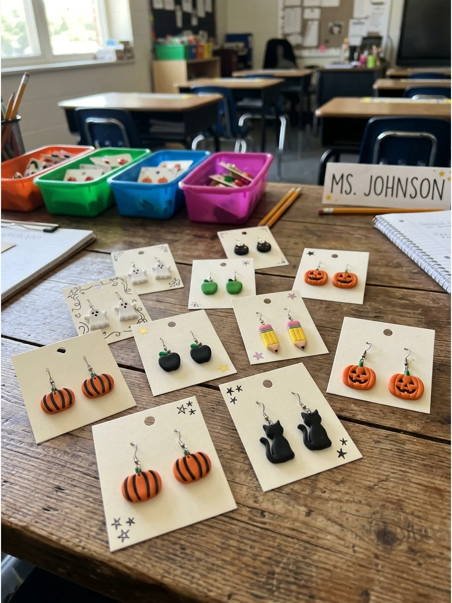 Halloween Teacher Earrings. Gift lightweight earrings shaped like pumpkins, ghosts, pencils, or apples. This works best for a teacher who regularly wears playful seasonal accessori
