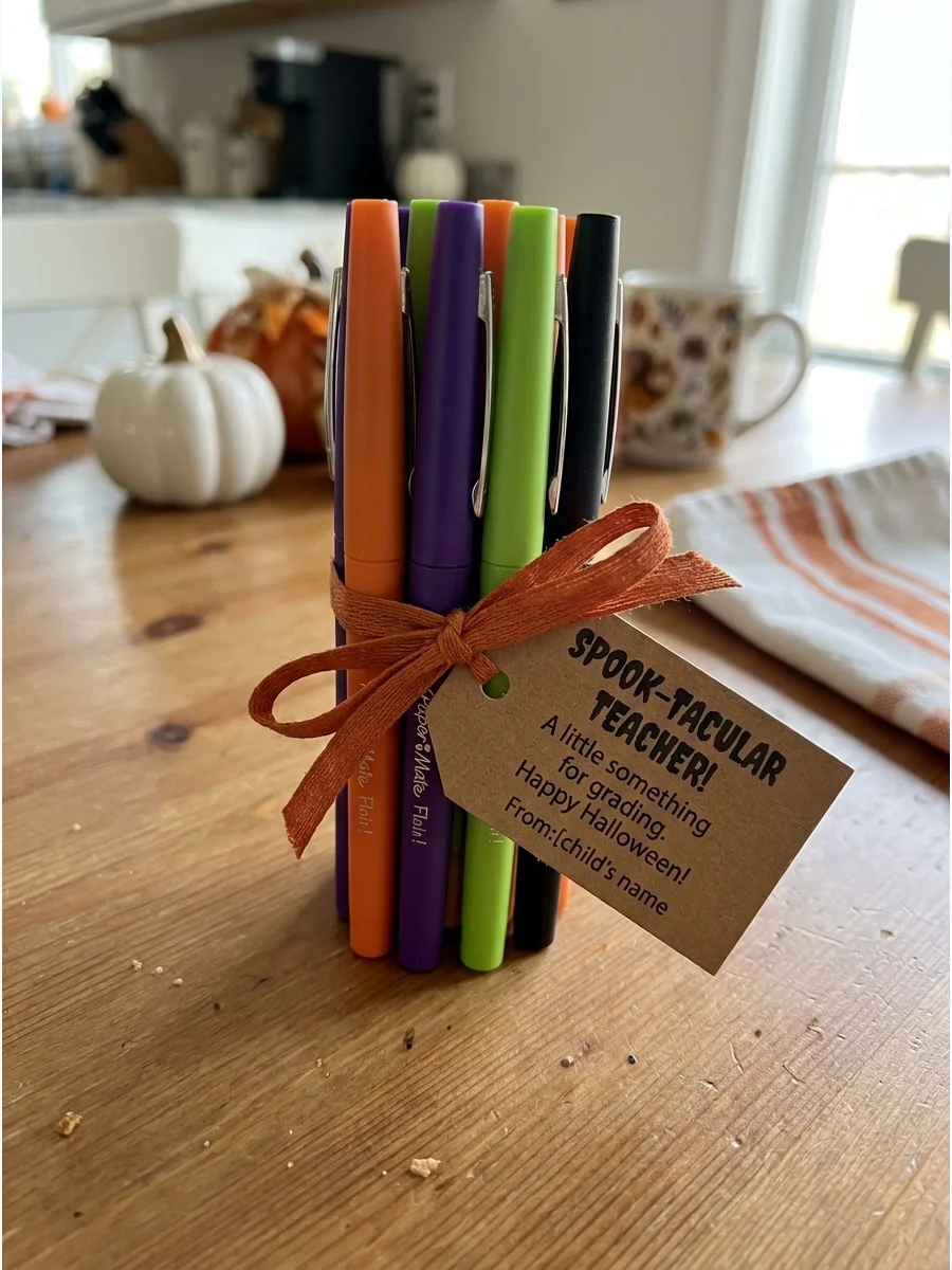 Halloween Flair Pen Set. Bundle several colorful felt-tip pens with an orange ribbon and a spooky gift tag. Teachers can use them for grading papers, writing notes, or updating the