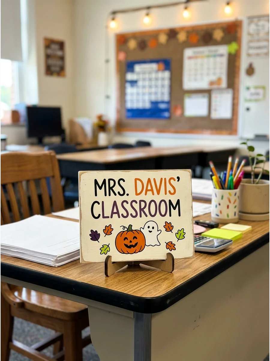 Personalized Classroom Sign. Create a small desk or door sign featuring the teacher’s name and a friendly Halloween design. Keep the colors and graphics simple enough to display th