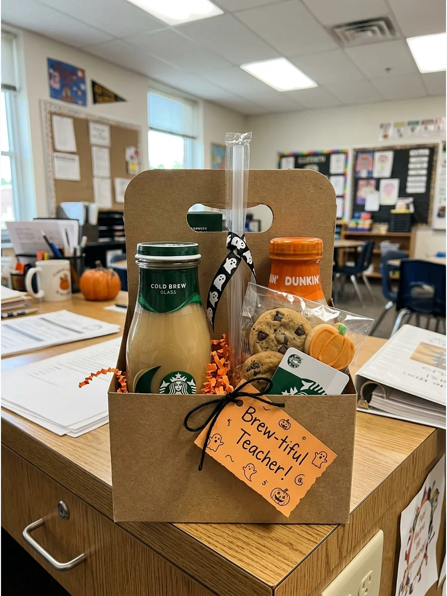Coffee-Lover Boo Basket. Fill a drink carrier or small basket with bottled coffee, a reusable straw, cookies, and a coffee gift card. Finish it with a “Brew-tiful Teacher” gift tag
