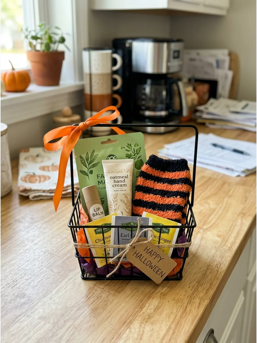 Self-Care Teacher Basket. Combine a face mask, hand cream, lip balm, cozy socks, and herbal tea. Choose mild products and package them inside a small orange or black basket. Teache