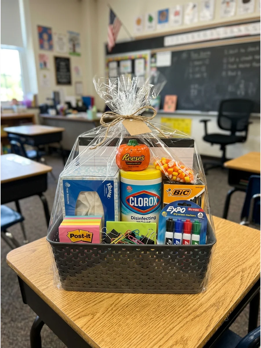 Classroom Essentials Basket. Fill a reusable container with tissues, disinfecting wipes, pens, markers, sticky notes, and paper clips. Add one small Halloween treat to make the pra