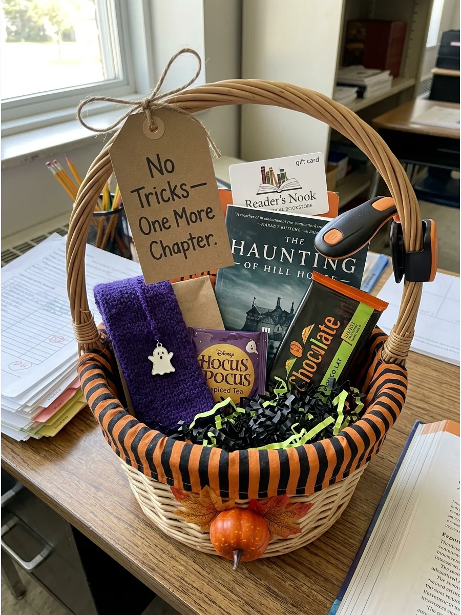 Reading-Themed Halloween Basket. Include a bookstore gift card, bookmark, tea packet, snack, and small reading light. Decorate the basket with a tag that says, “No Tricks—Just One